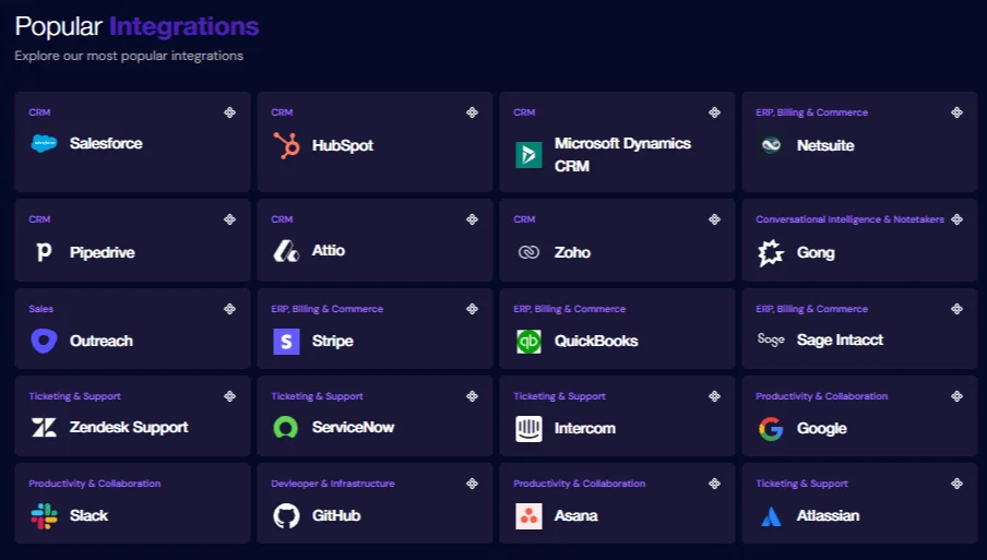 Ampersand integration catalog showing popular CRM, ERP, billing, support, and productivity connectors